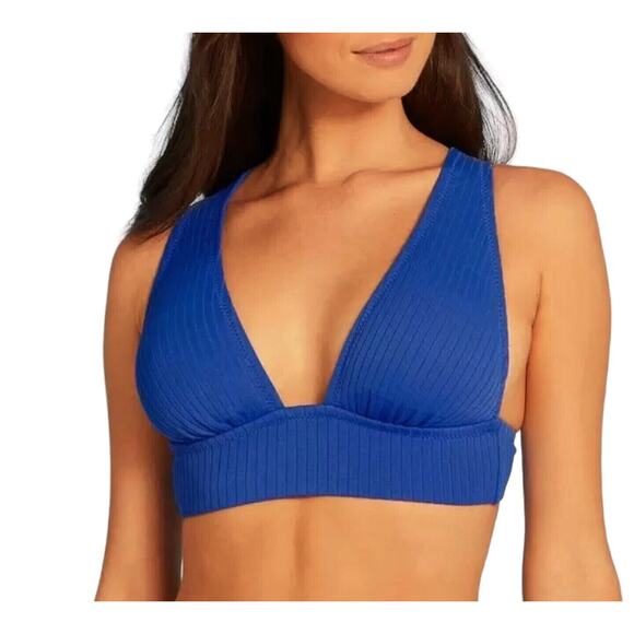 NEW Shade and Shore Bikini Top M 34C 34D 36B 36C 38B Blue Ribbed Padded Triangle - Picture 1 of 9